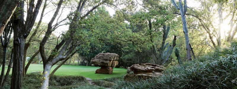 A tranquil garden path winding through lush green foliage and trees, leading to an open grassy area with unique rock formations. The scene suggests a peaceful and natural setting for leisurely exploration at the Saxon Hotel & Spa.