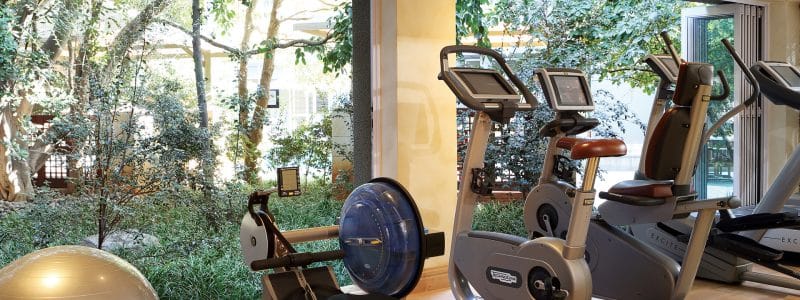 The fitness center at the Saxon Hotel & Spa, featuring various exercise equipment such as a rowing machine, exercise bikes, and a stability ball. Large windows offer a view of lush greenery outside, creating an inviting and refreshing workout environment.