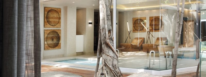 The luxurious interior of the Saxon Hotel & Spa's award-winning spa, featuring a serene hydrotherapy area with a pool visible through large glass walls. Natural light floods the space, which is adorned with elegant artwork and features a blend of indoor and outdoor elements with trees incorporated into the design.