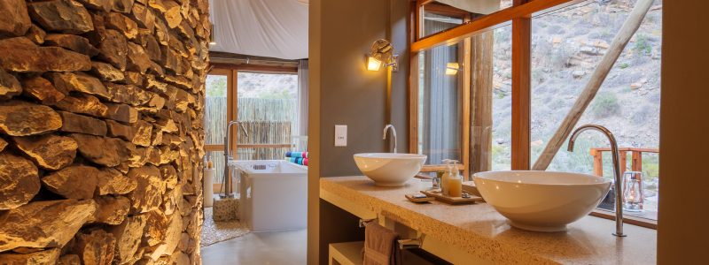 Sanbona Luxury villa bathroom bath, sinks and South African interior with outside view of vegetation.