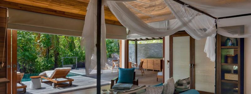 Six Senses Hideaway Villa, Luxury interior, bedding, decking and pool area, interior, African decorations.