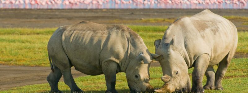 Luxury Kenya Safari White rhinos eating standing next to each other. With ocean and flamingos in the background.