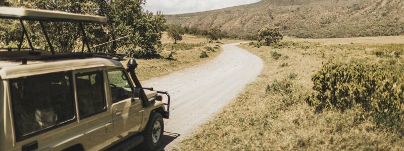 Luxury Kenya Safari Game Drive through African plains surrounded by mountains.