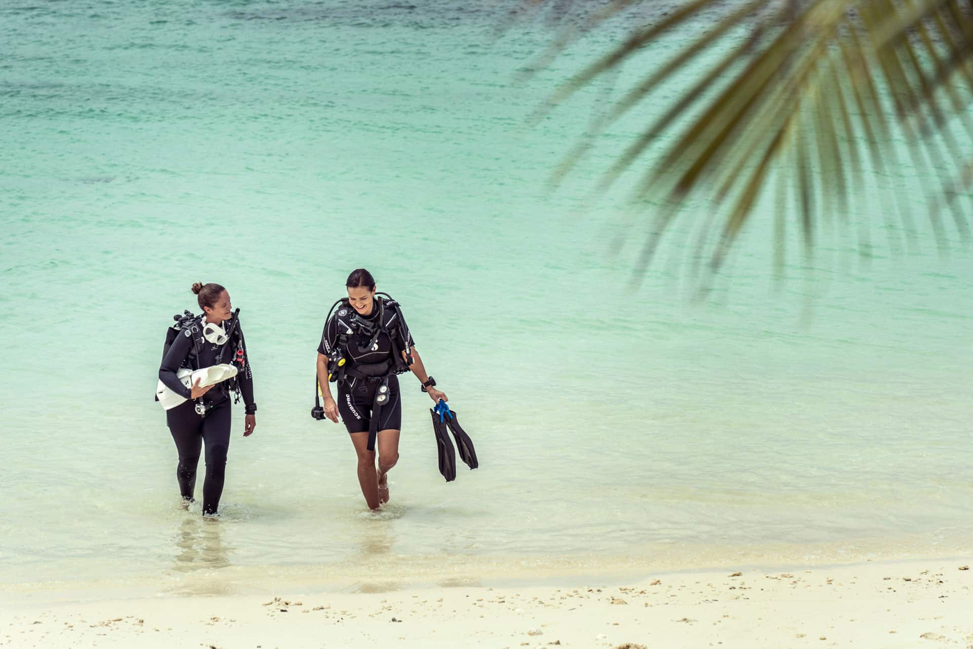 Divers walking out of the ocean at Four Seasons, Desroches, Seychelles