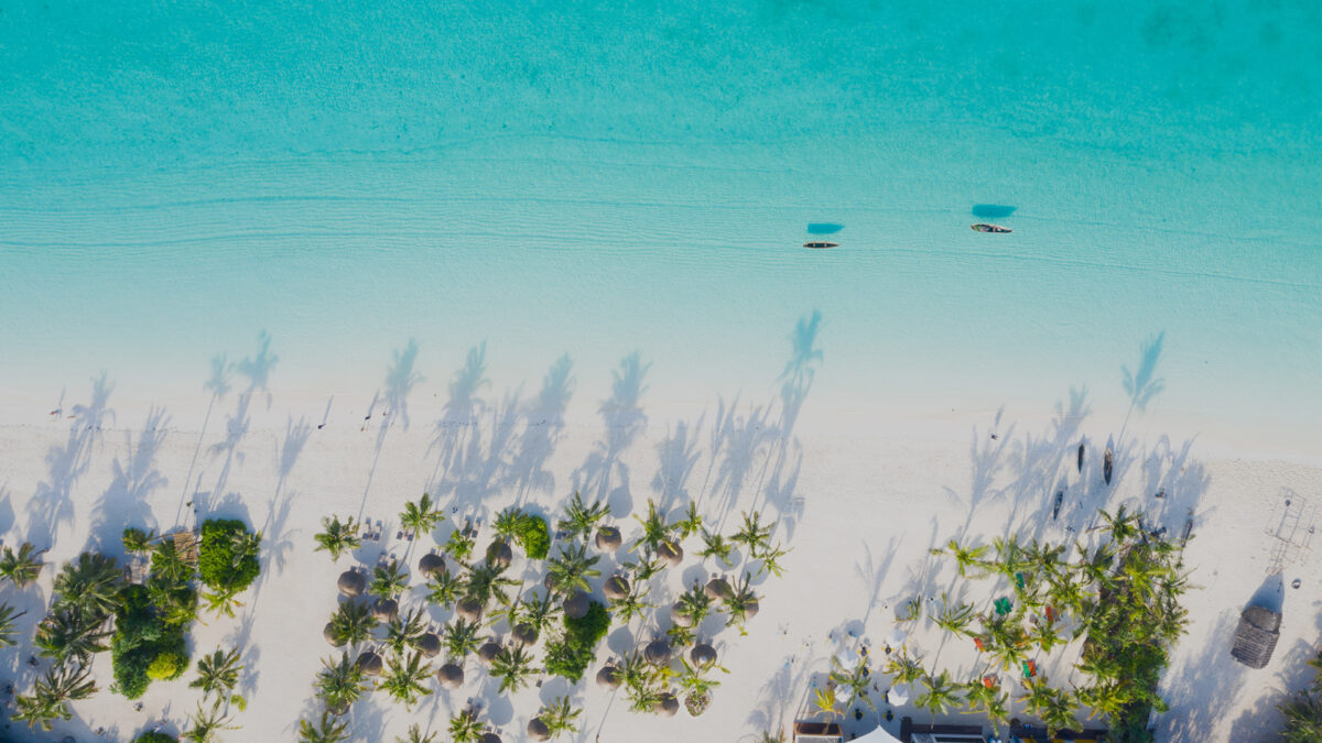 Zanzibar aerial shot of white Zanzibar sands and crystal clear African oceans. African safari.