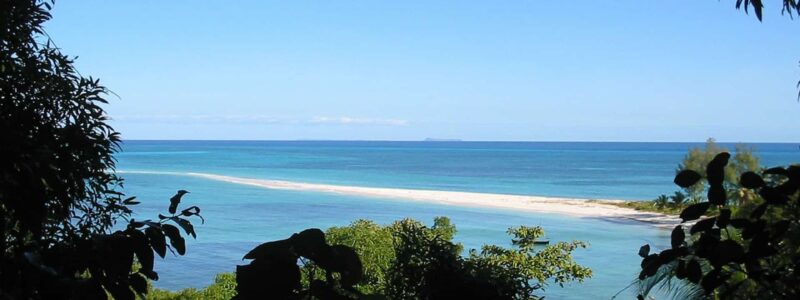 View from within trees, of clear blue skies, pristine waters and white sands. Madagascar luxury African safari.