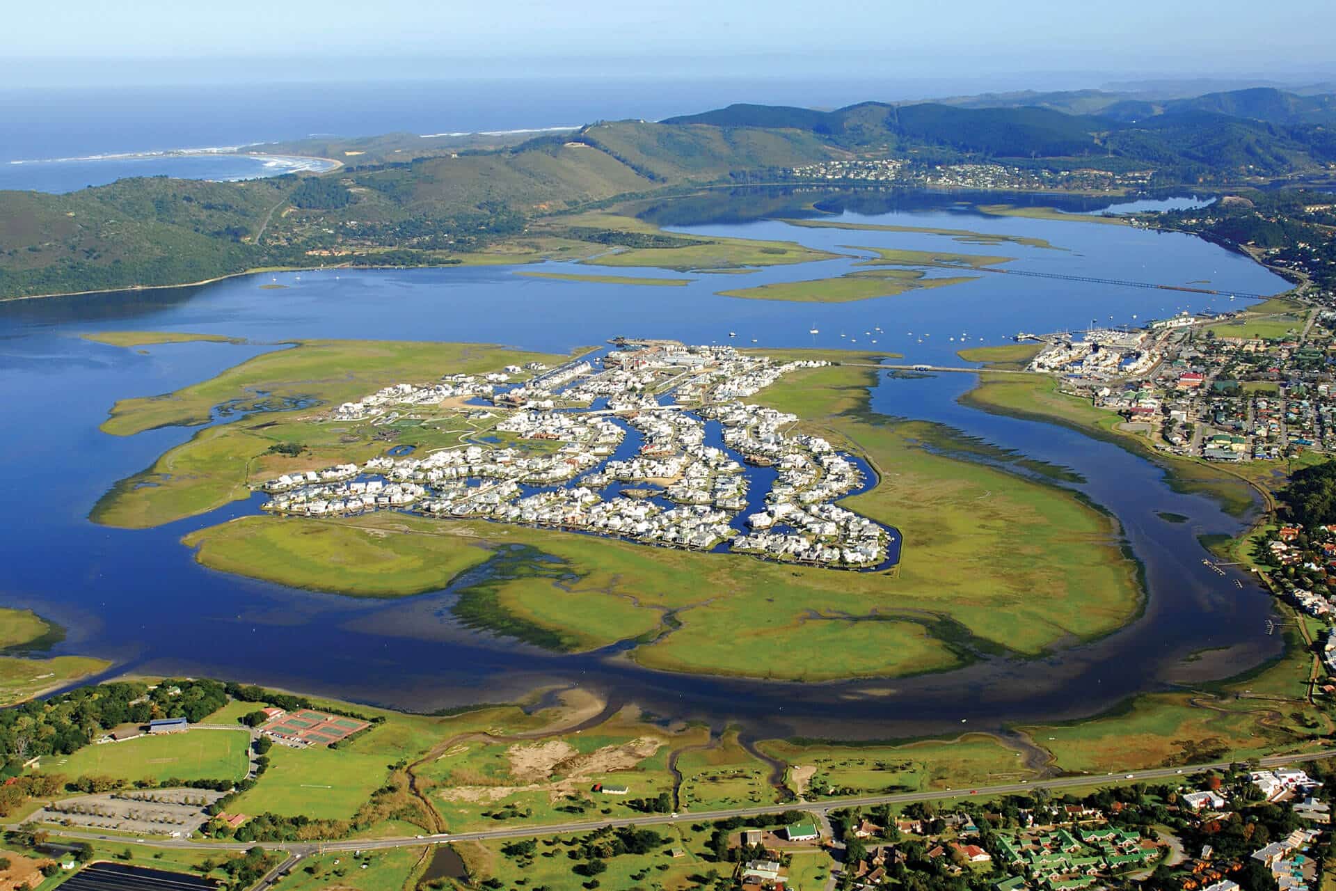 An aerial view of the Knysna lagoon located on the Garden Route in South Africa