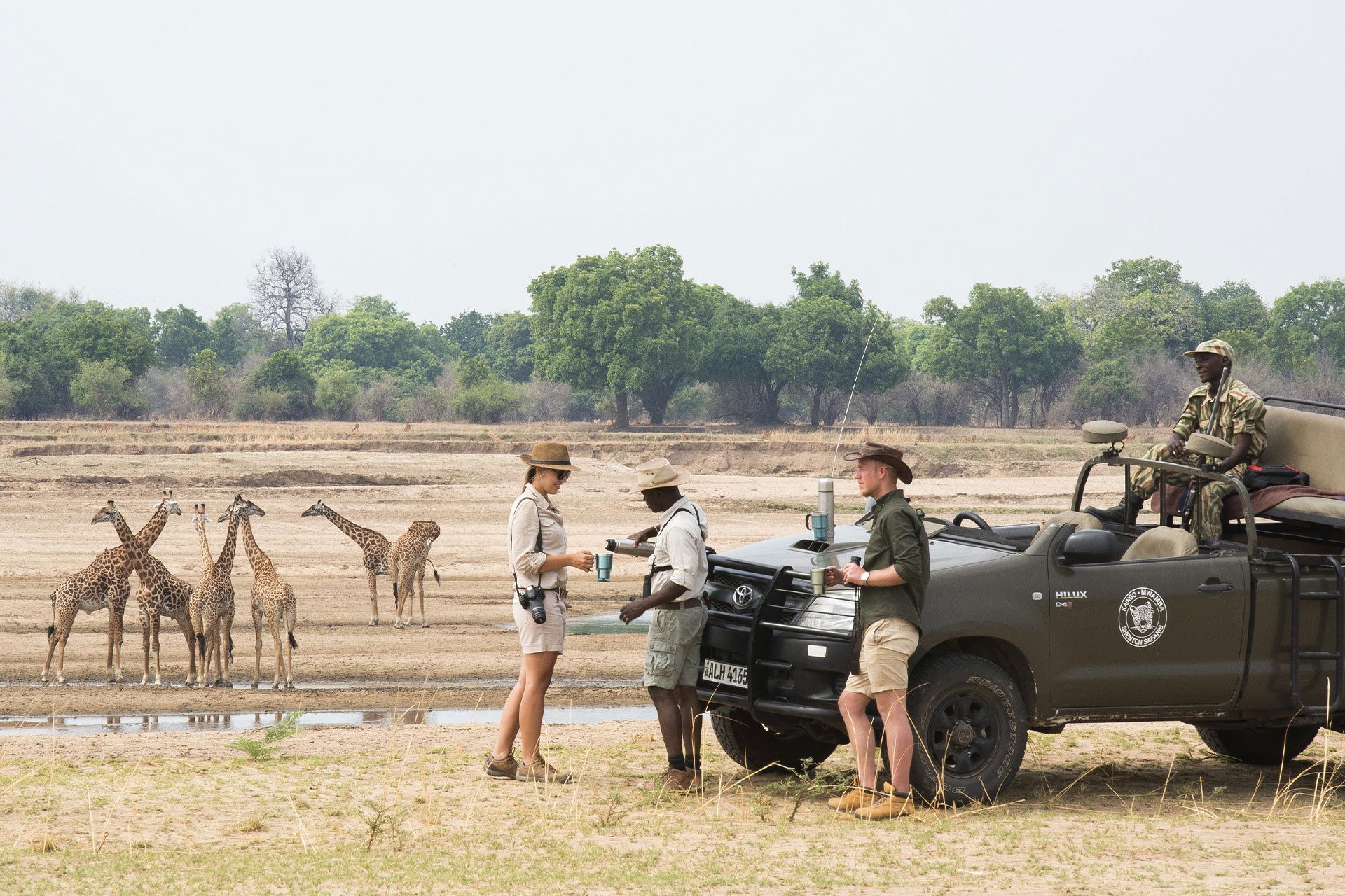 A coffee stop at a waterhole during a safari in Africa. 