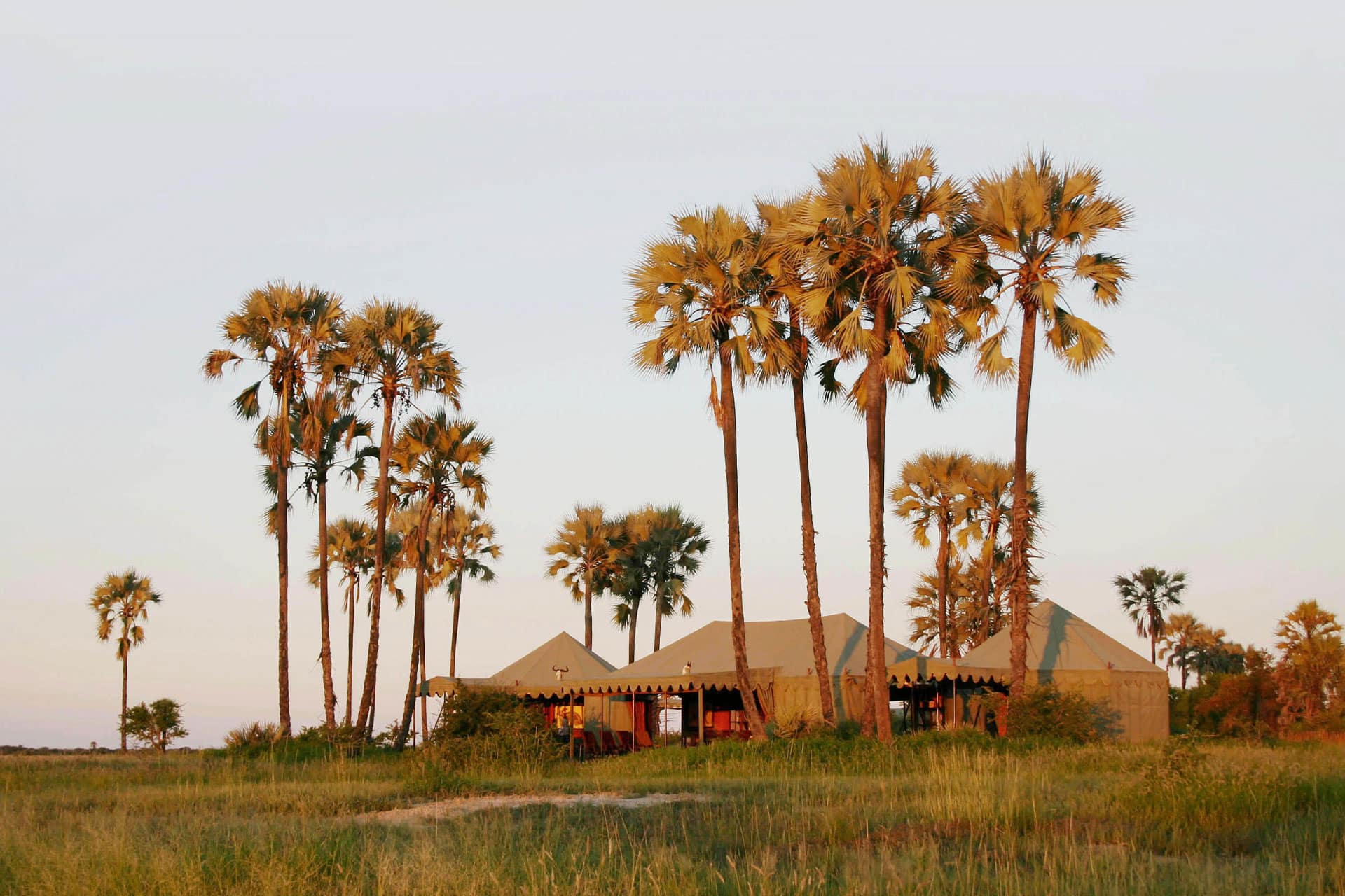 The mess tent at Jack&rsquo;s Camp surrounded by the landscape of the Makgadikgadi Salt Pans in Botswana.