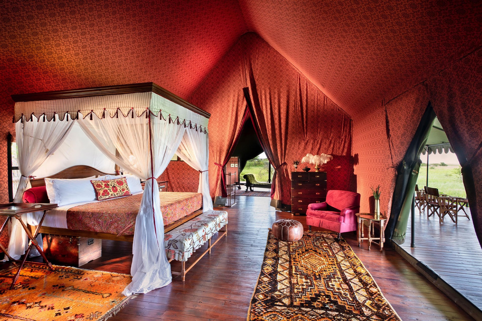 Interior bedroom of a luxury tent at Jack&rsquo;s Camp in the Makgadikgadi Salt Pans in Botswana.