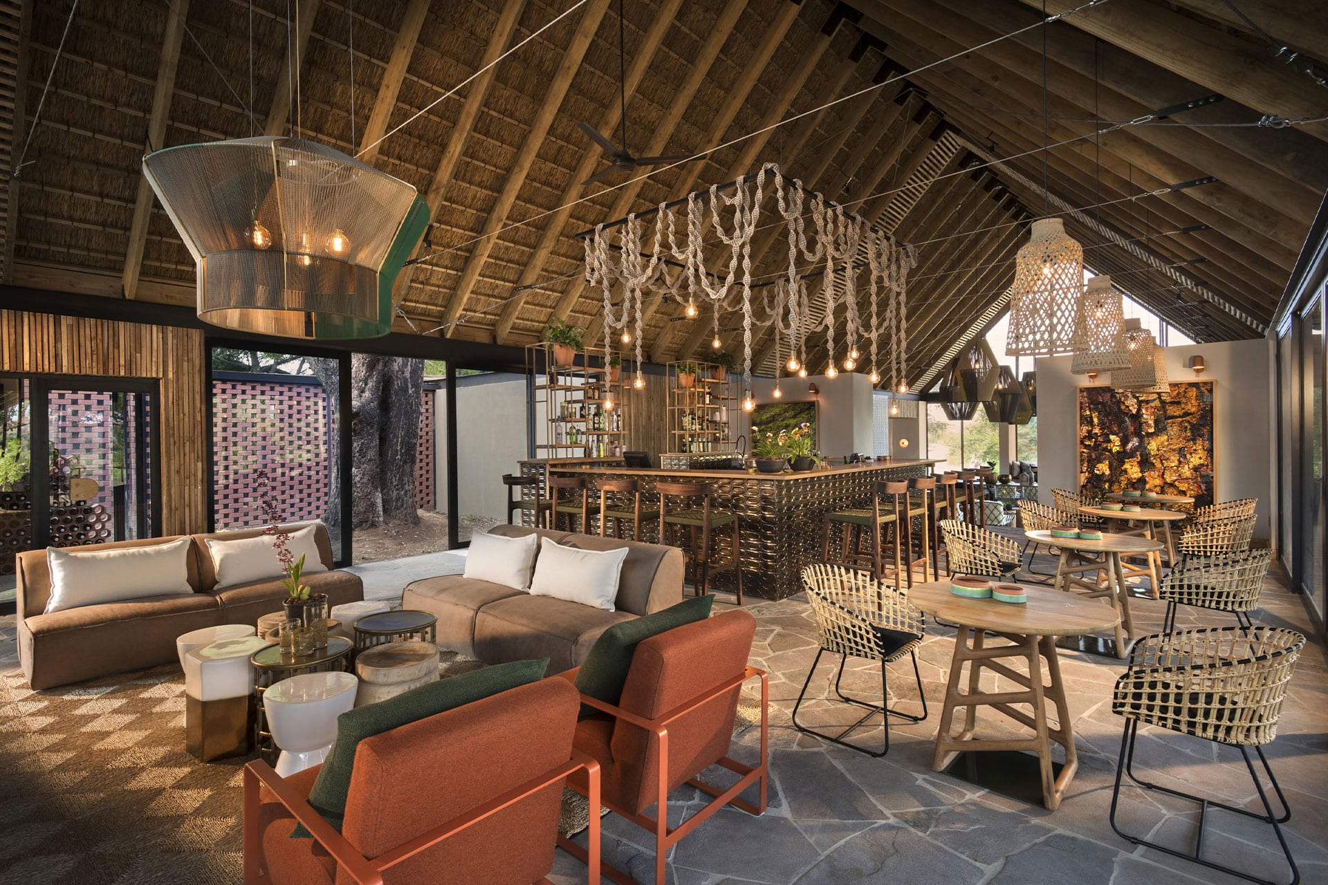The communal bar and seating area at Lion Sands River Lodge.