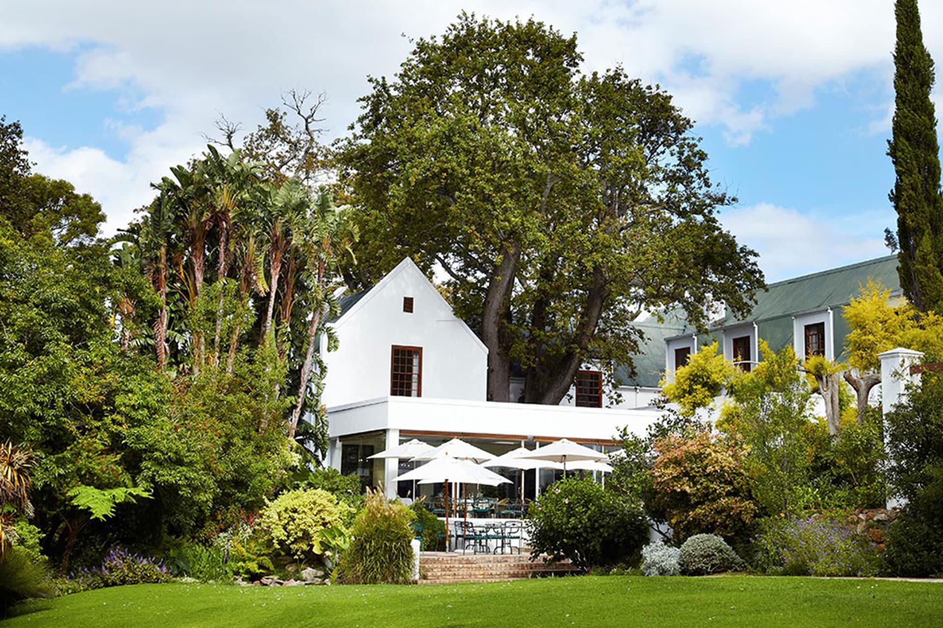 The restaurant terrace surrounded by manicured gardens and trees at The Conservatory &ndash; one of the top 10 fine dining restaurants in Cape Town.