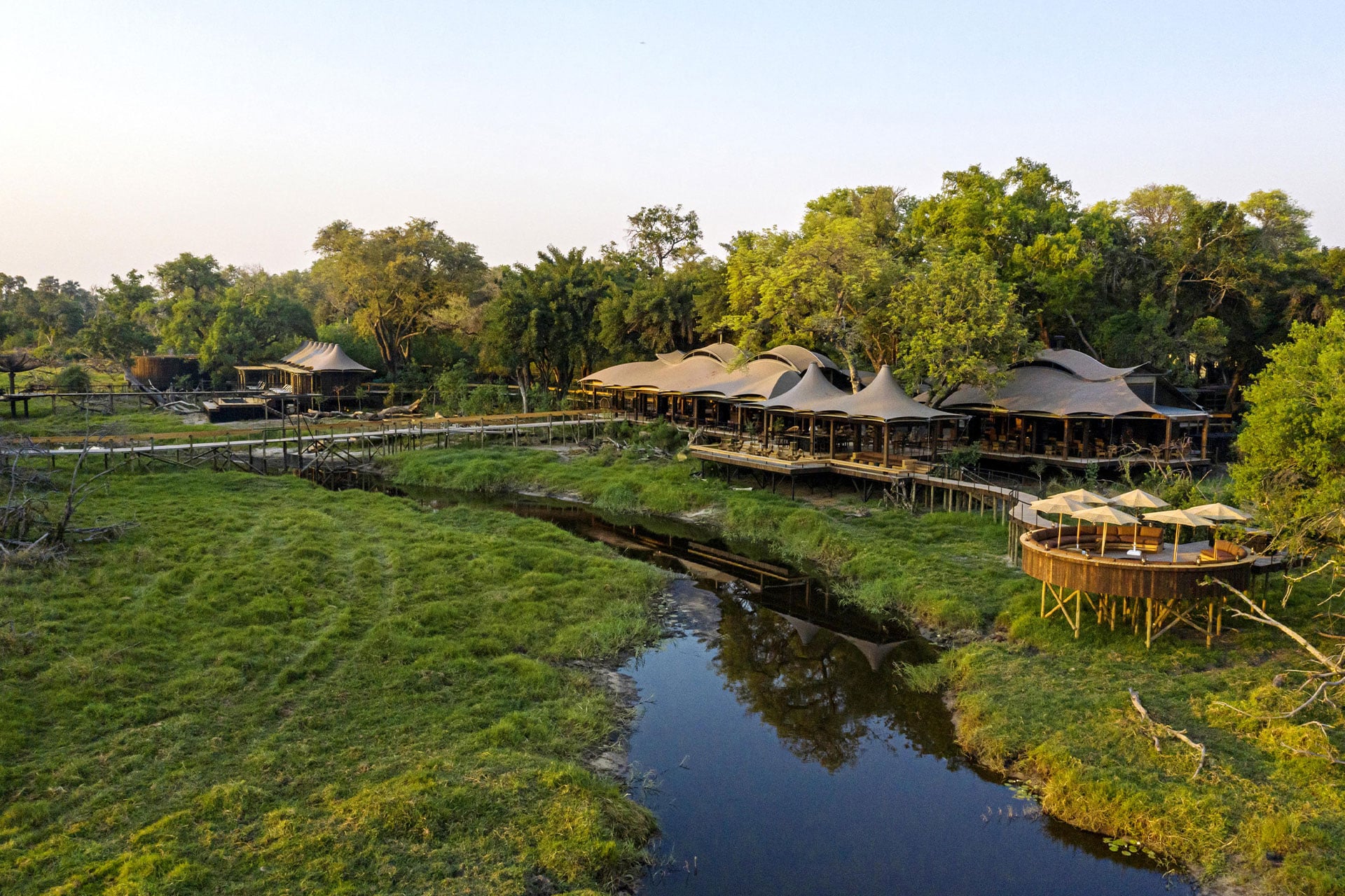 Aerial shot of Xigera Safari Lodge and the floodplains of the Okavango Delta in Botswana. 