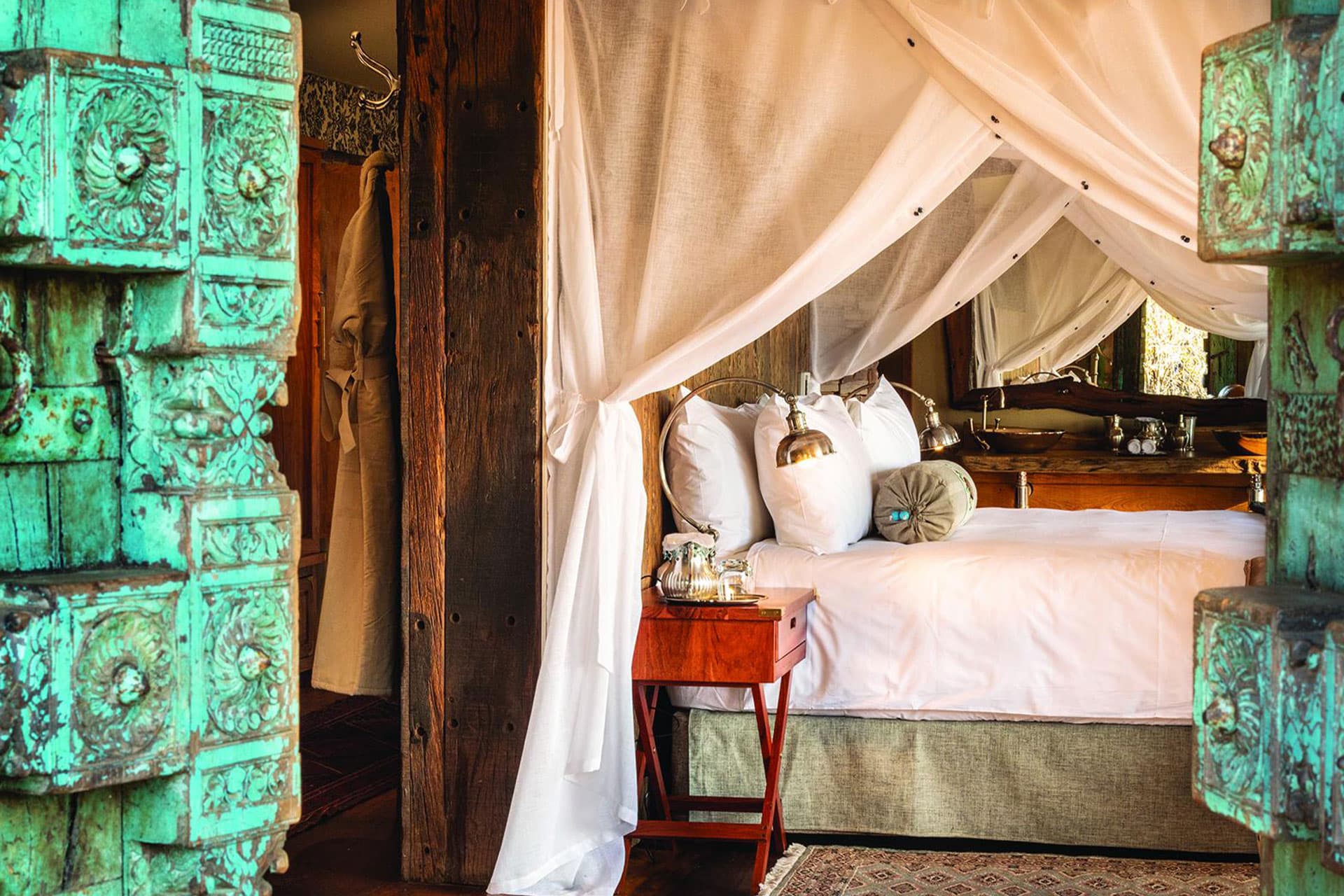 Interior of a bedroom suite at Tembo Plains Camp in the Sapi Game Reserve in Zimbabwe.
