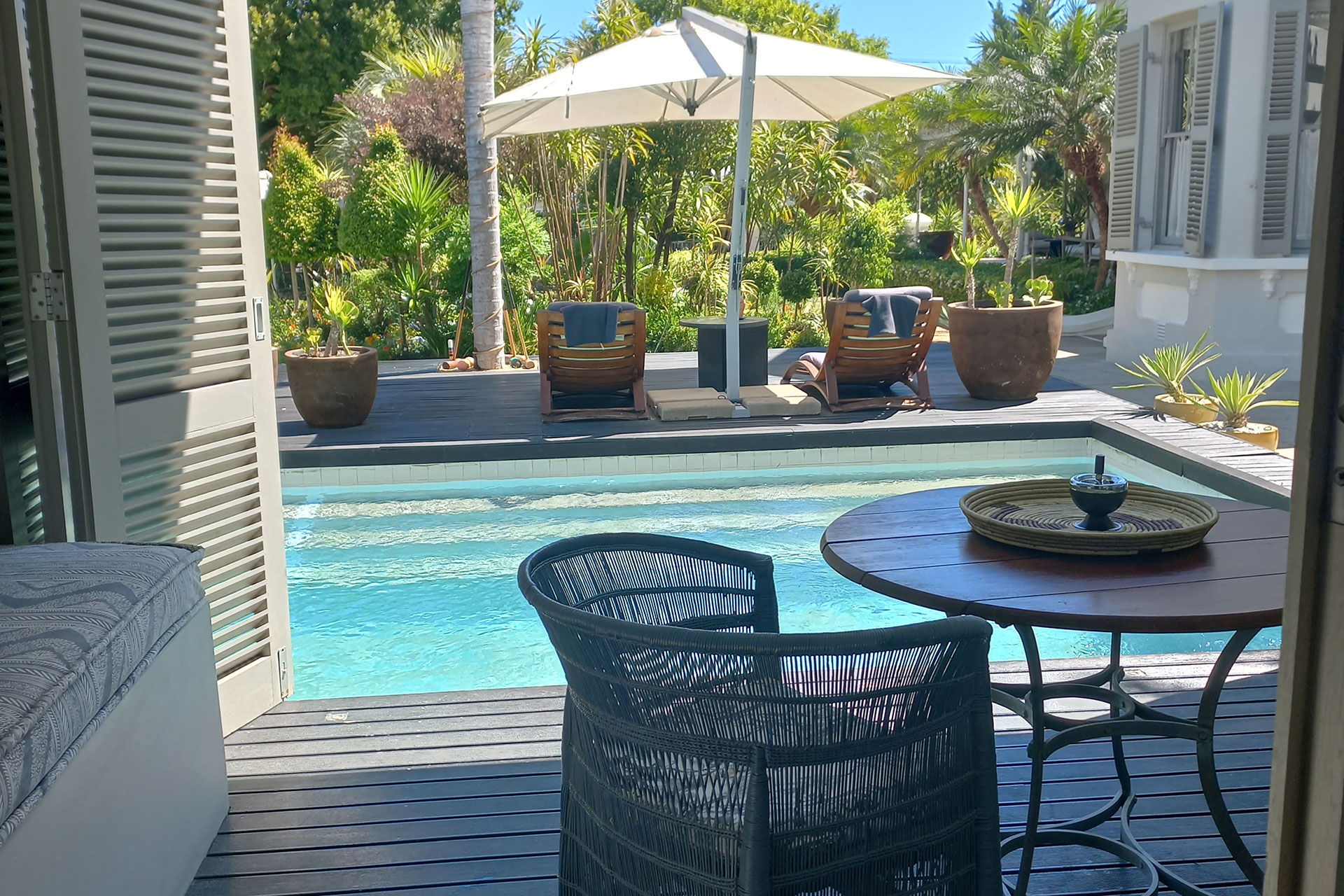 The view from a Pool Suite at The Robertson Small Hotel looking straight out onto the pool.