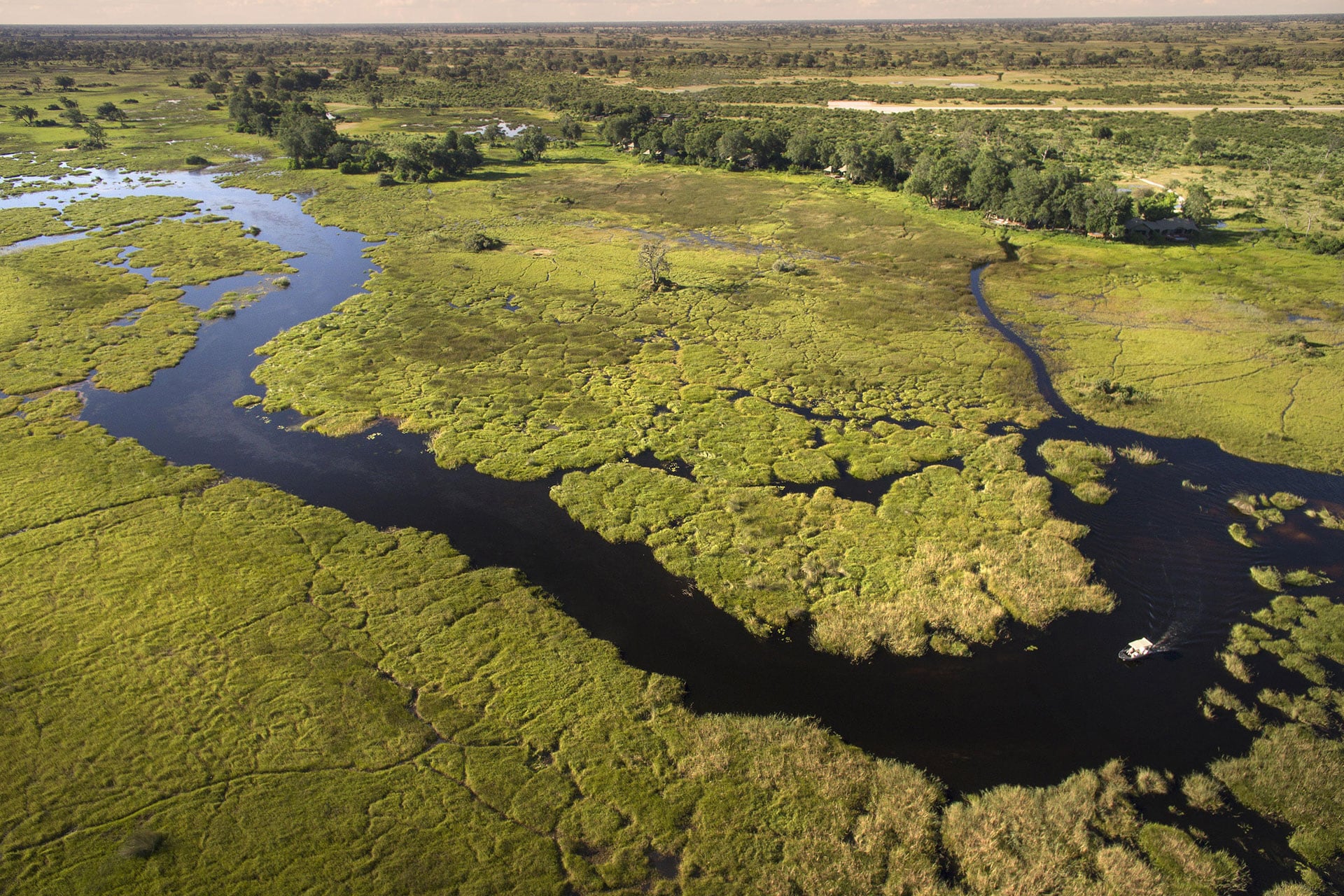 An aerial view of Duba Plains situated in the great Okavango Delta in Botswana - one of the top honeymoon destinations in Africa. 