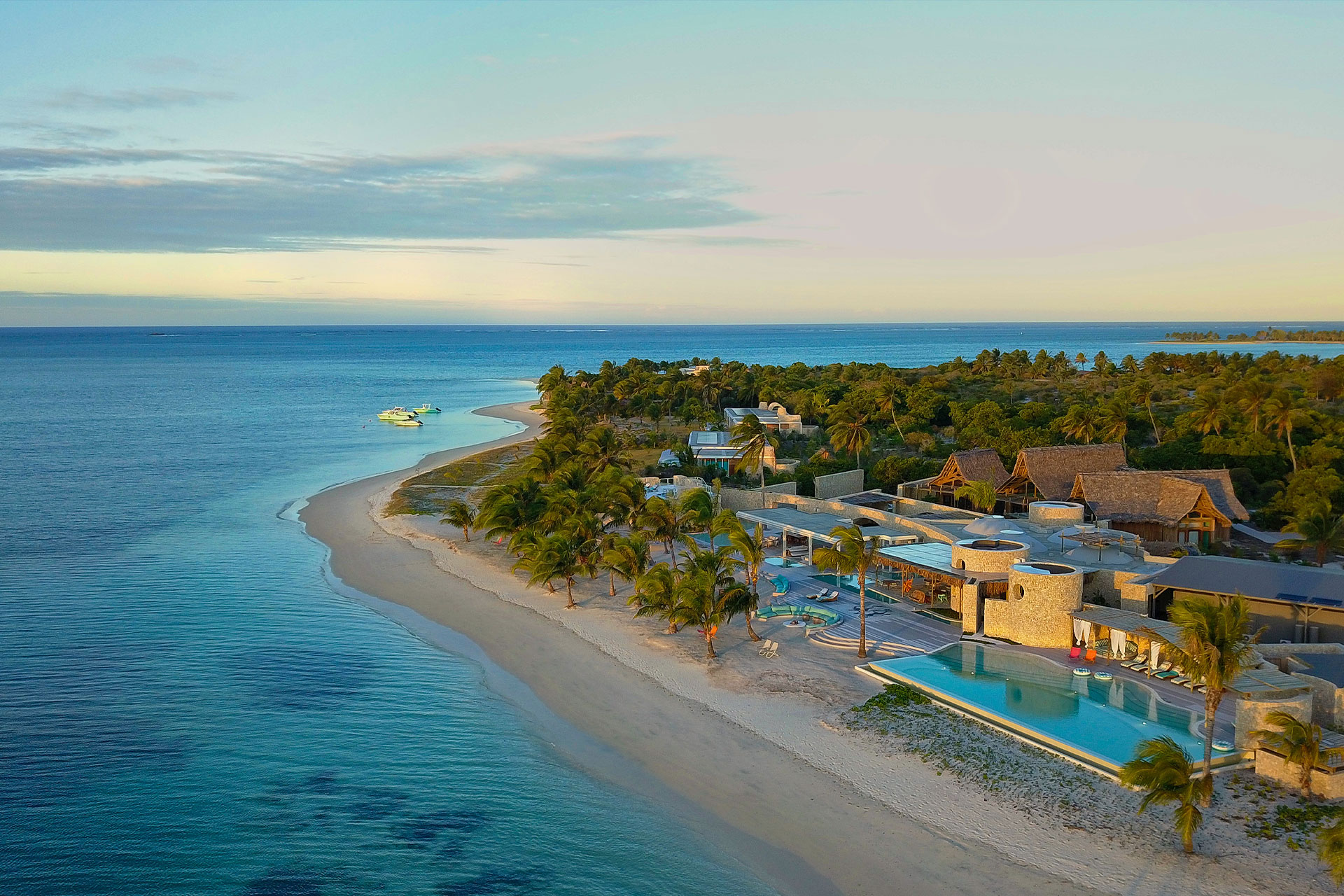 Aerial view of Time + Tide Miavana located on a remote private island off the coast of Madagascar. 