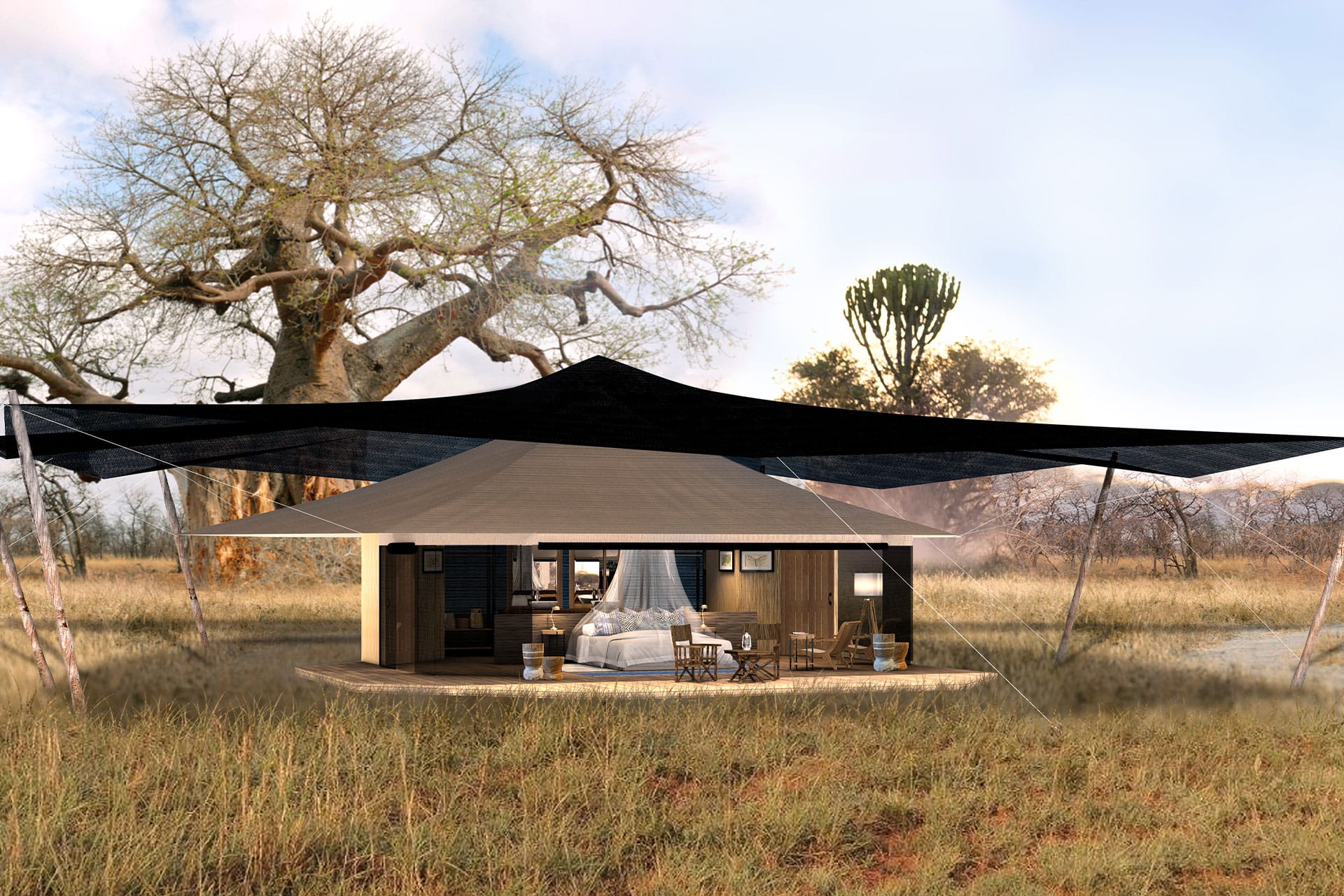 A luxury tent positioned on a raised wooden platform at Usanga Expedition Camp &ndash; a new luxury lodge in Africa opening in 2022. 