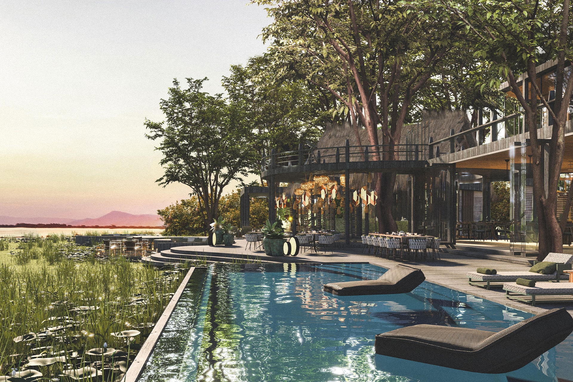 The main area and swimming pool at Lolebezi Safari Lodge &ndash; one of the new luxury lodges in Africa opening in 2022.