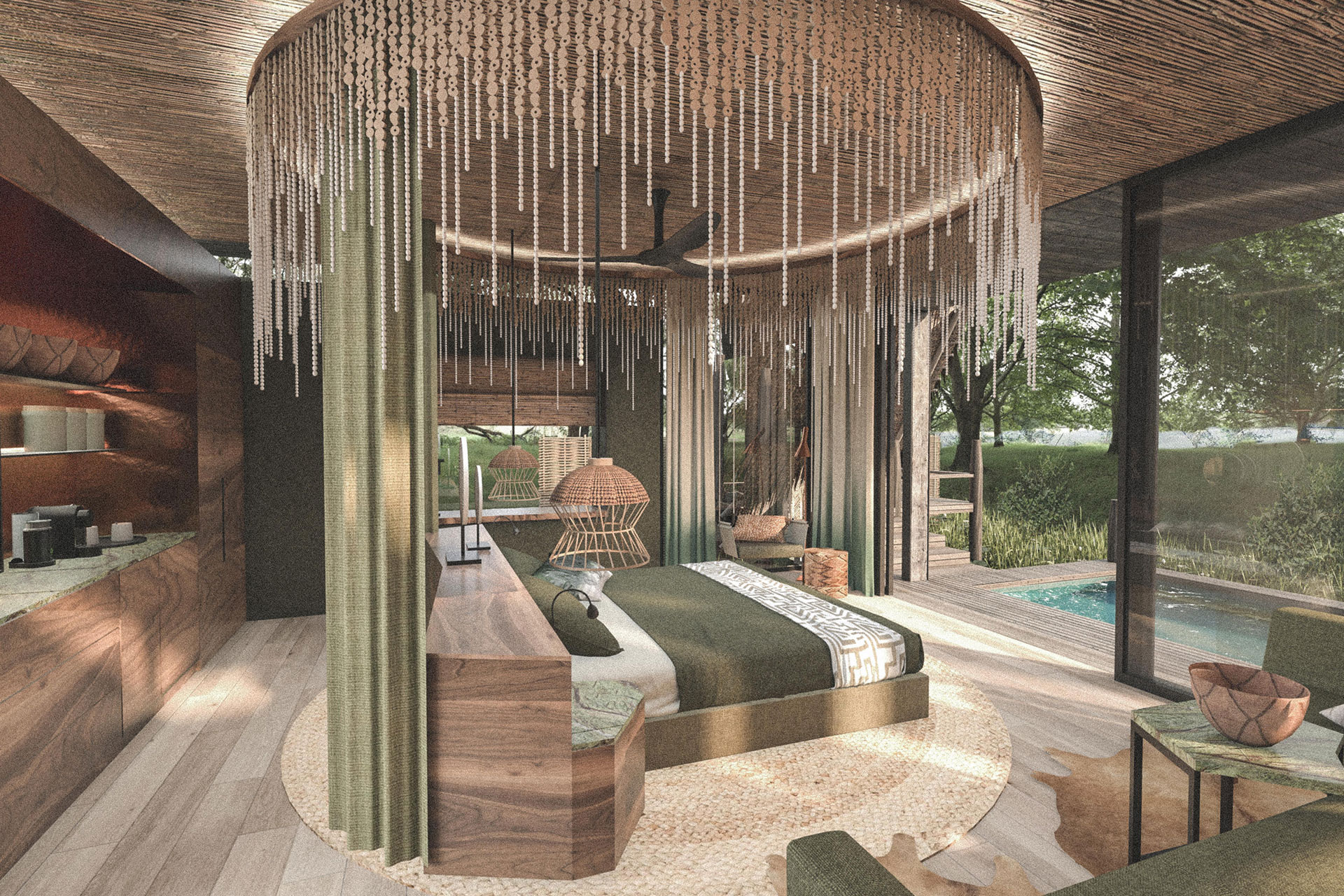 A luxurious superior suite with private plunge pool overlooking the pristine wilderness of the Lower Zambezi National Park at Lolebezi &ndash; one of the new luxury lodges in Africa 2022.