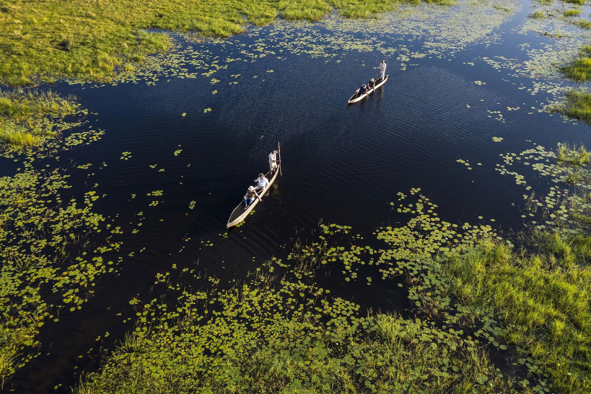 A glass-bottom mokoro safari at Xigera Safari Lodge &ndash; an African bucket list experience in Botswana. 