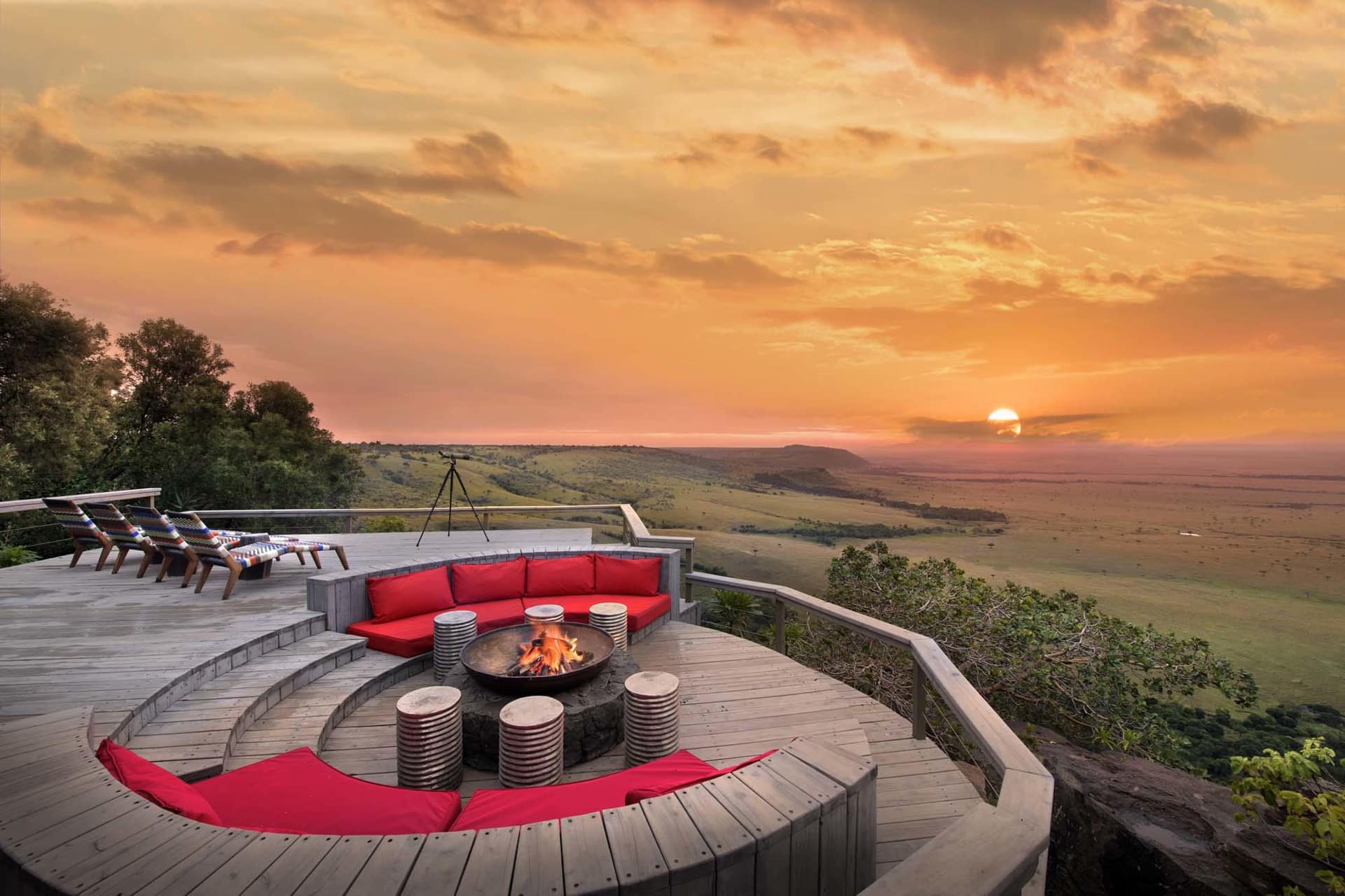 Angama Mara deck with views of the Masai Mara &ndash; one of our top rated eco lodges in Africa. 