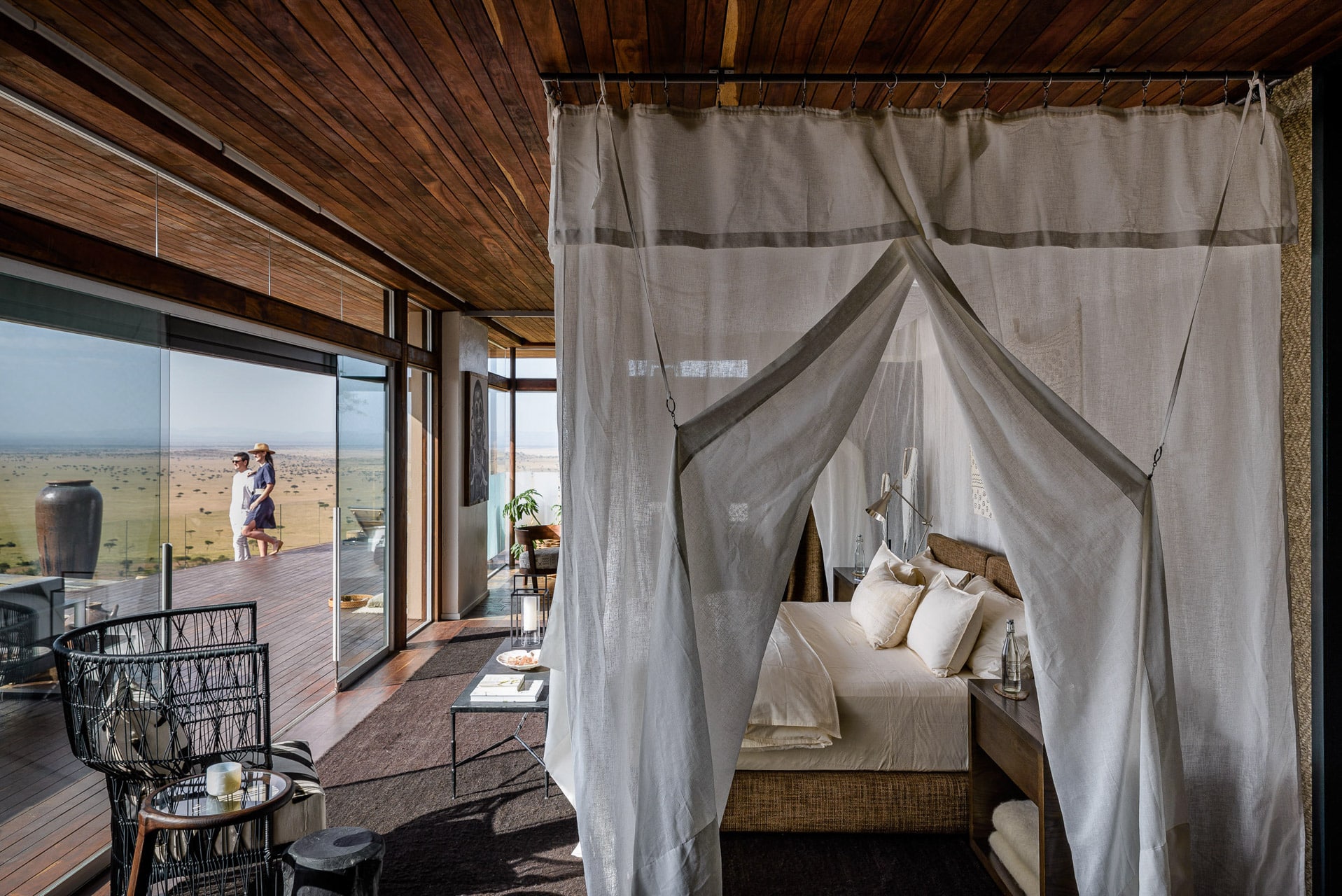 Caption: A luxurious suite at Sasakwa with views of the Grumeti Reserve &ndash; one of our top rated eco lodges in Africa.