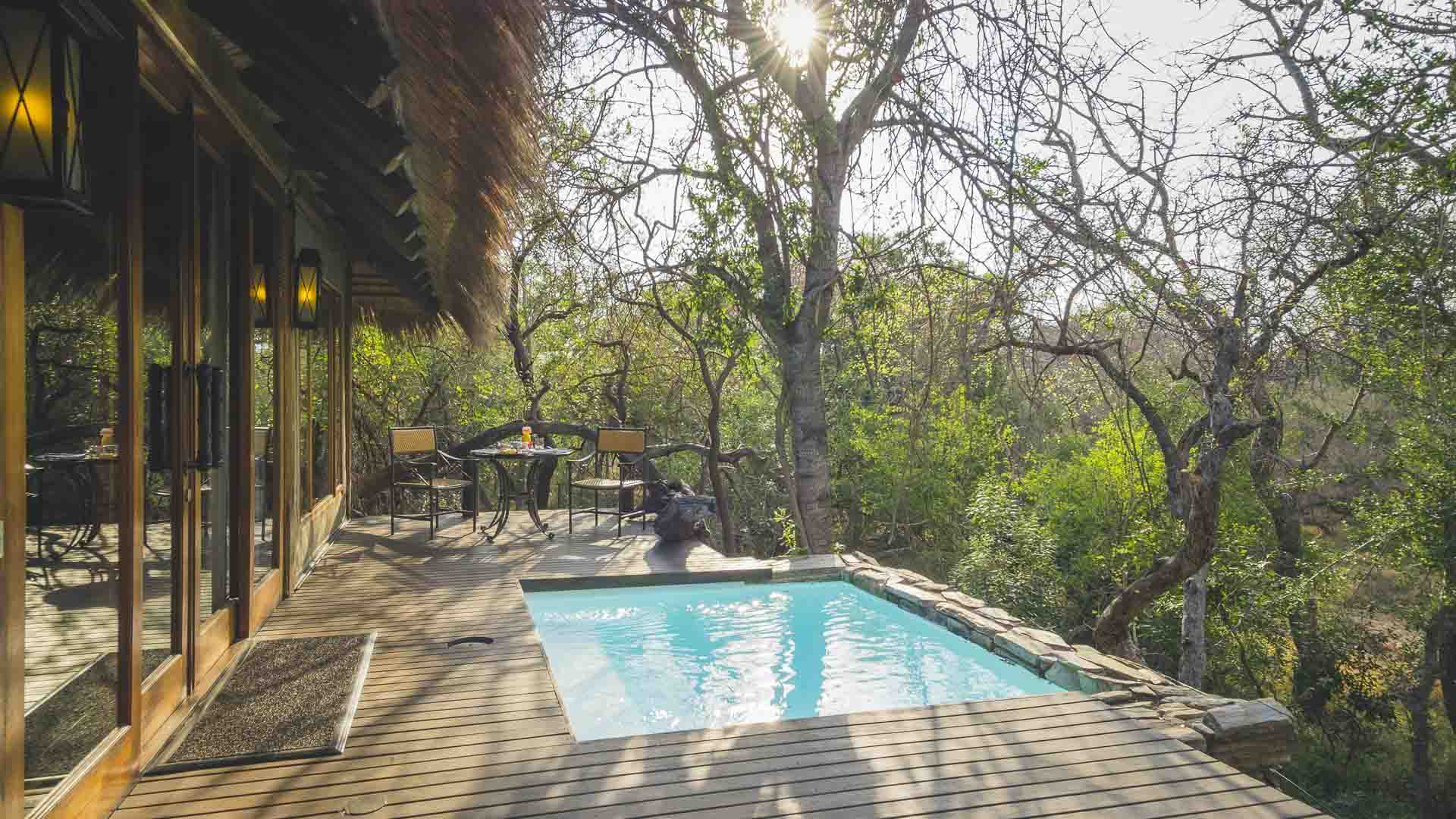 A private plunge pool and wooden deck of a superior suite at Jabulani Safari lodge. 