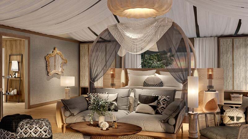 Interior of a luxury tent bedroom at JW Marriott Masai Mara Lodge &ndash; one of the new African lodges 2023. 