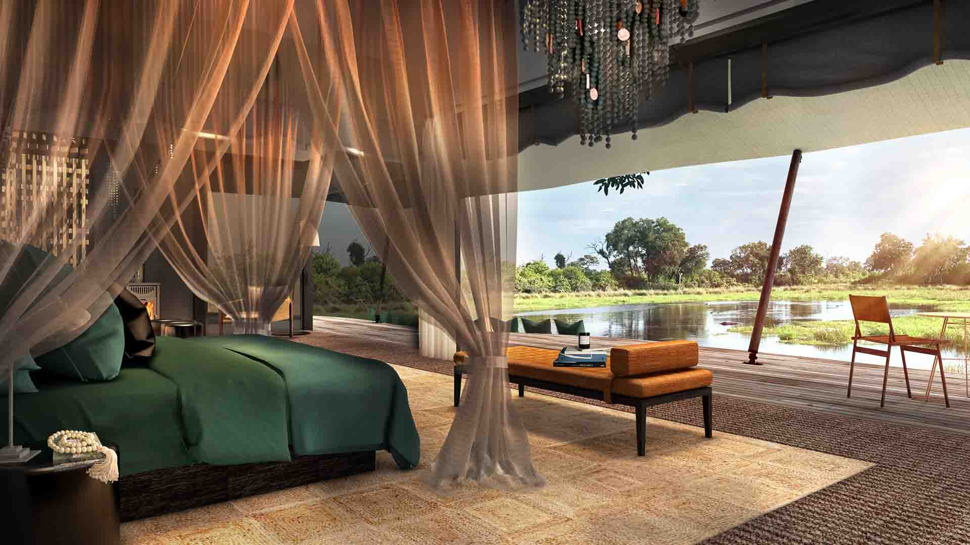 A render of a luxury tented suite overlooking a lagoon at North Island &ndash; one of the new African lodges opening in 2023. 