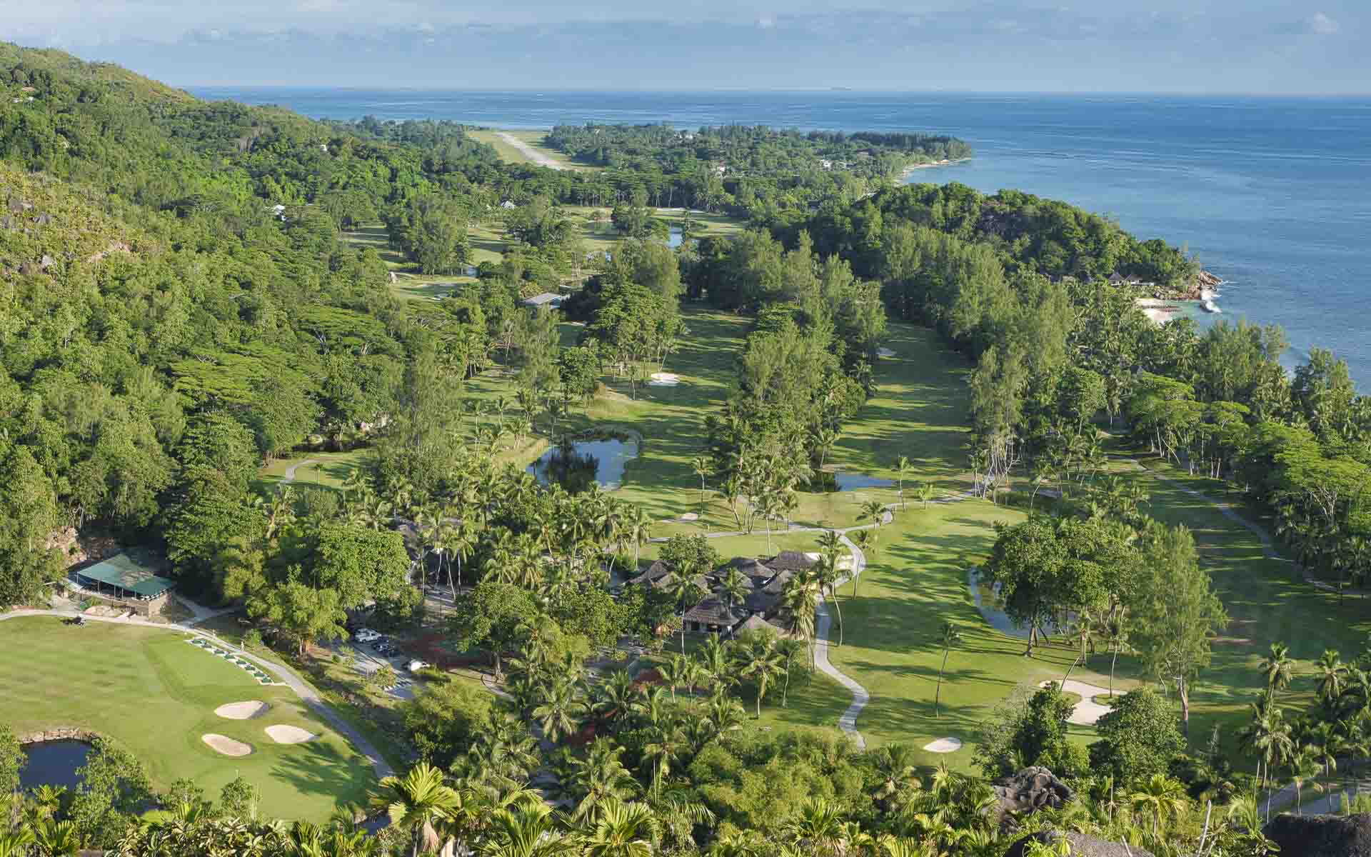 A view of the Constance Lemuria golf course with the Indian Ocean 