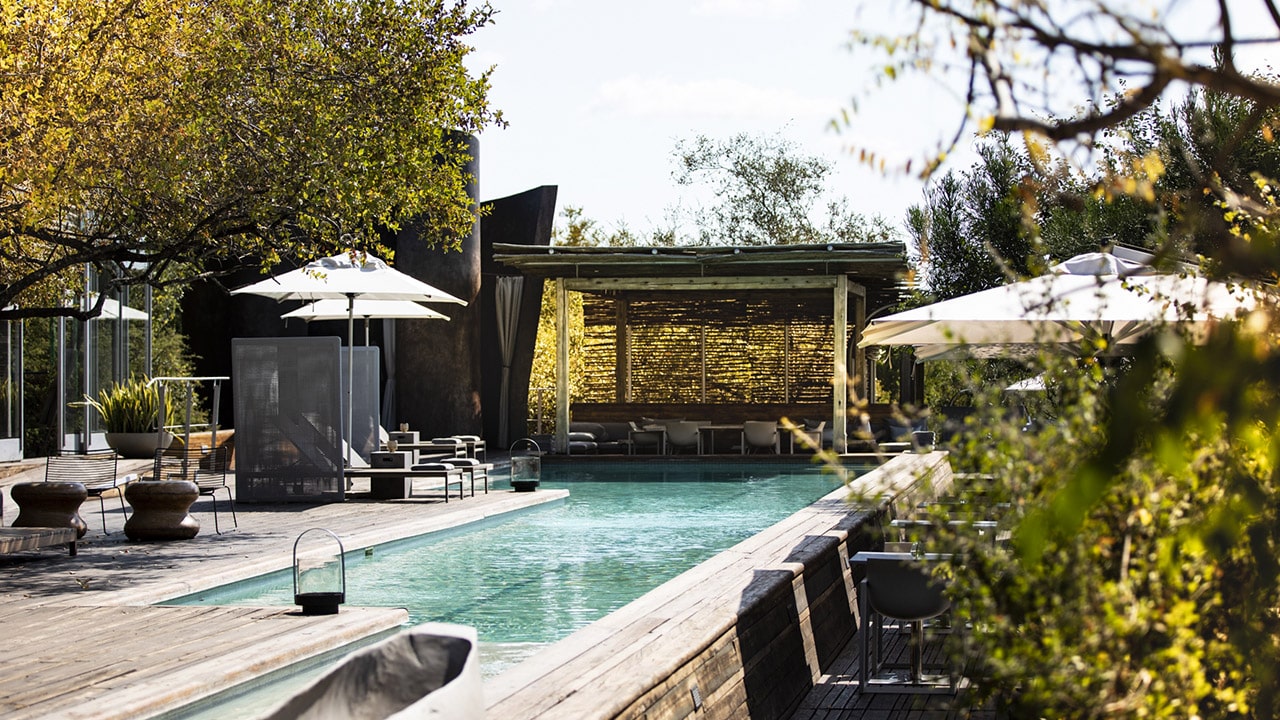Lap pool at Singita Lebombo with umbrellas with Ker & Downey Africa